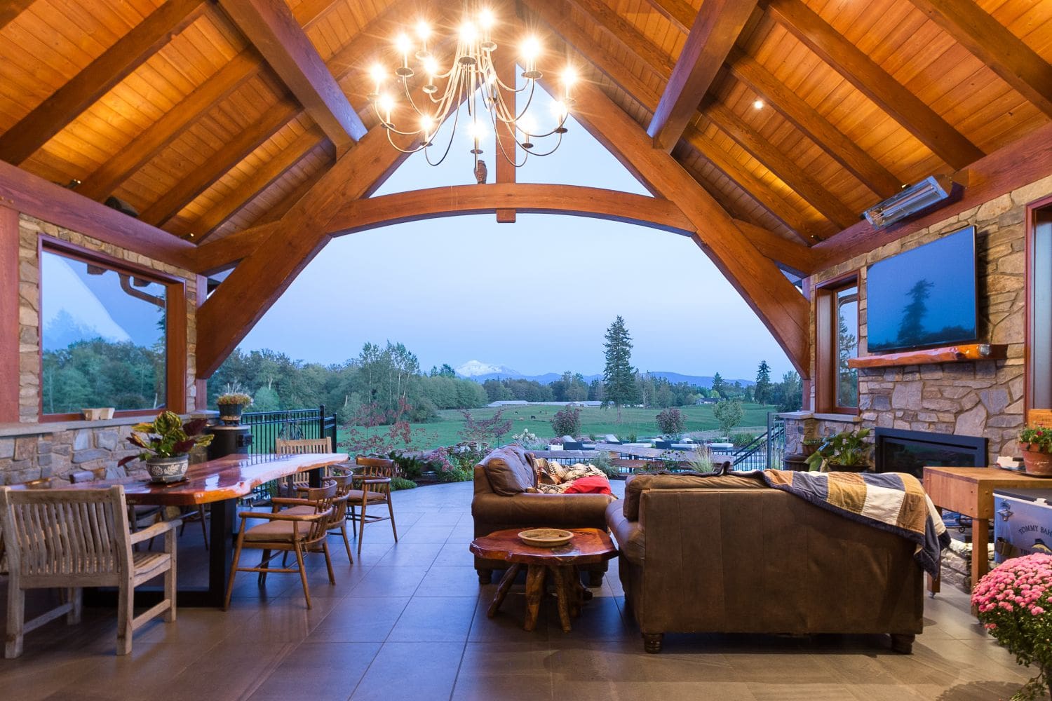 luxurious log home outdoor living room