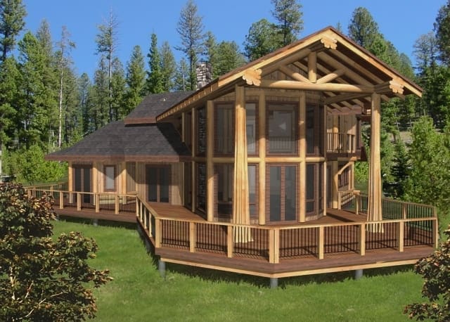 Log Home Rendering with large Deck