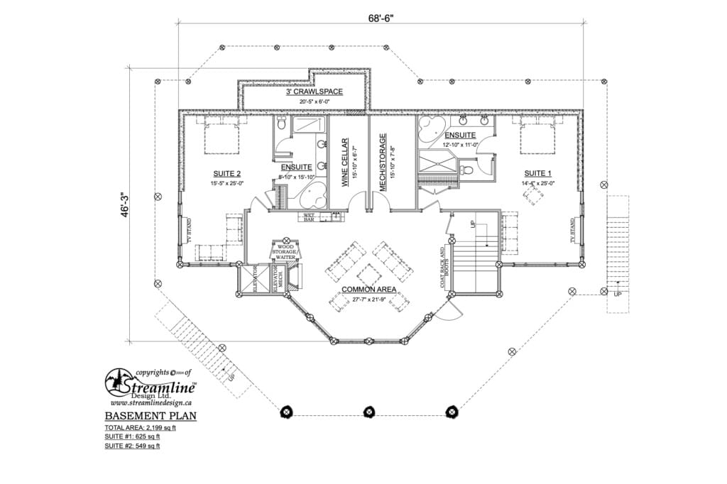 Post and Beam Log Home Design, 5,596+ Square Feet, Basement Plan.