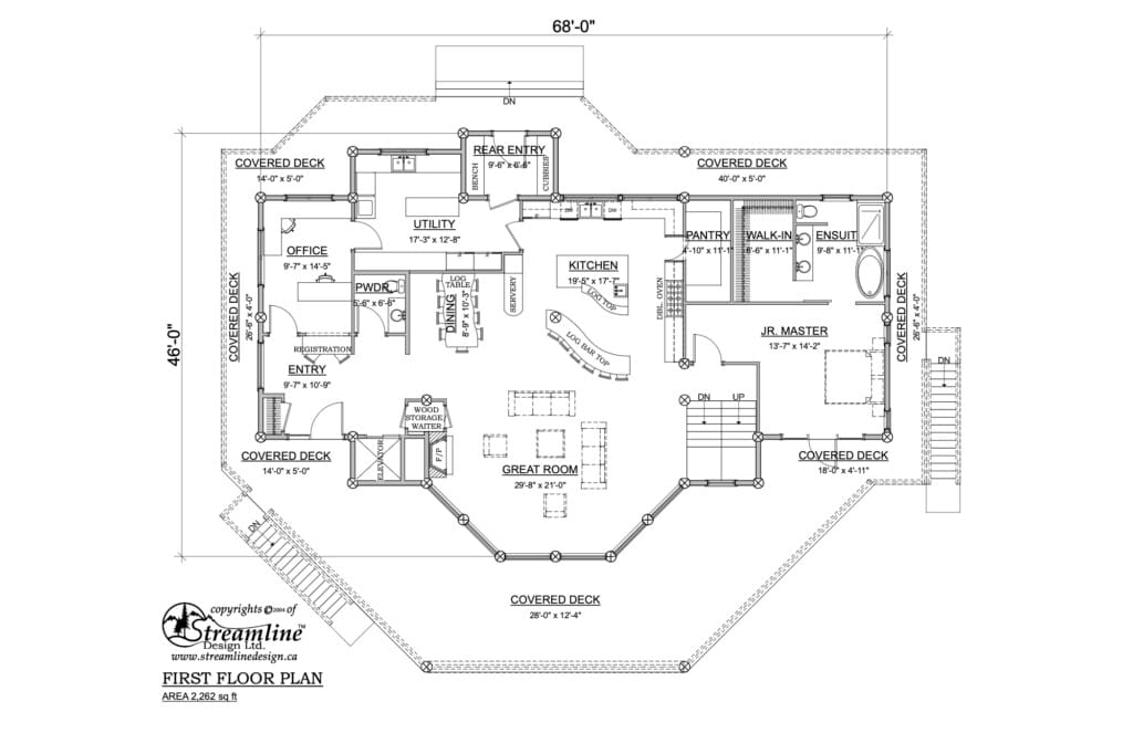 Post and Beam Log Home Design, 5,596+ Square Feet, First Floor Plan.