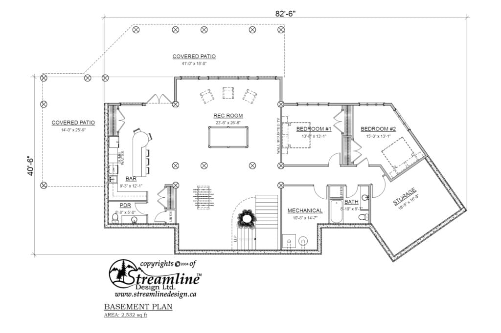 Post and Beam Log Home Design, basement floor plan.