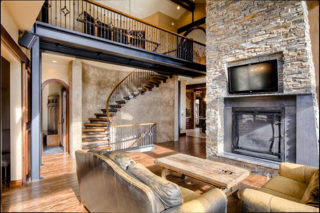 Log Home Living Room with fire place feature