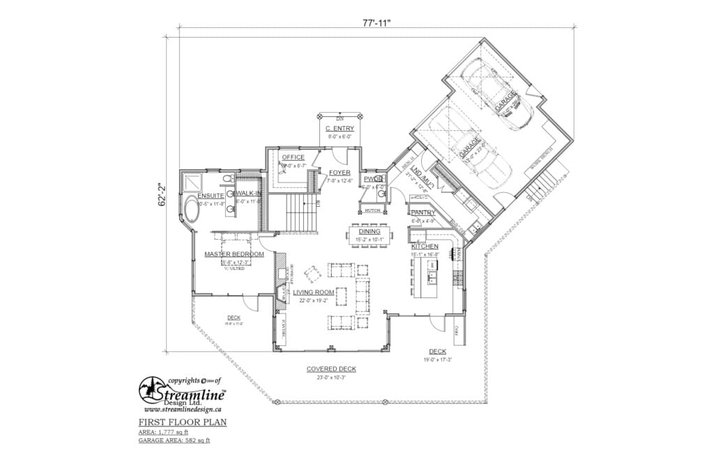 Timber Frame Log Home Design 4,206+ Square Feet, First Floor Plan.