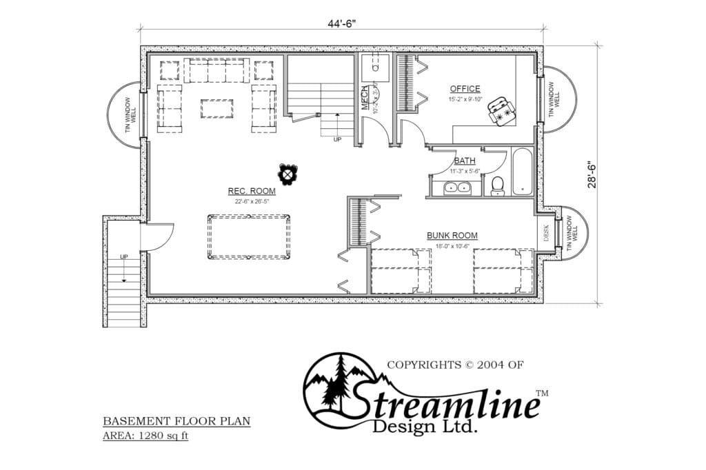 Post and Beam Log Home 3,262 square feet, Basement Floor Plan.