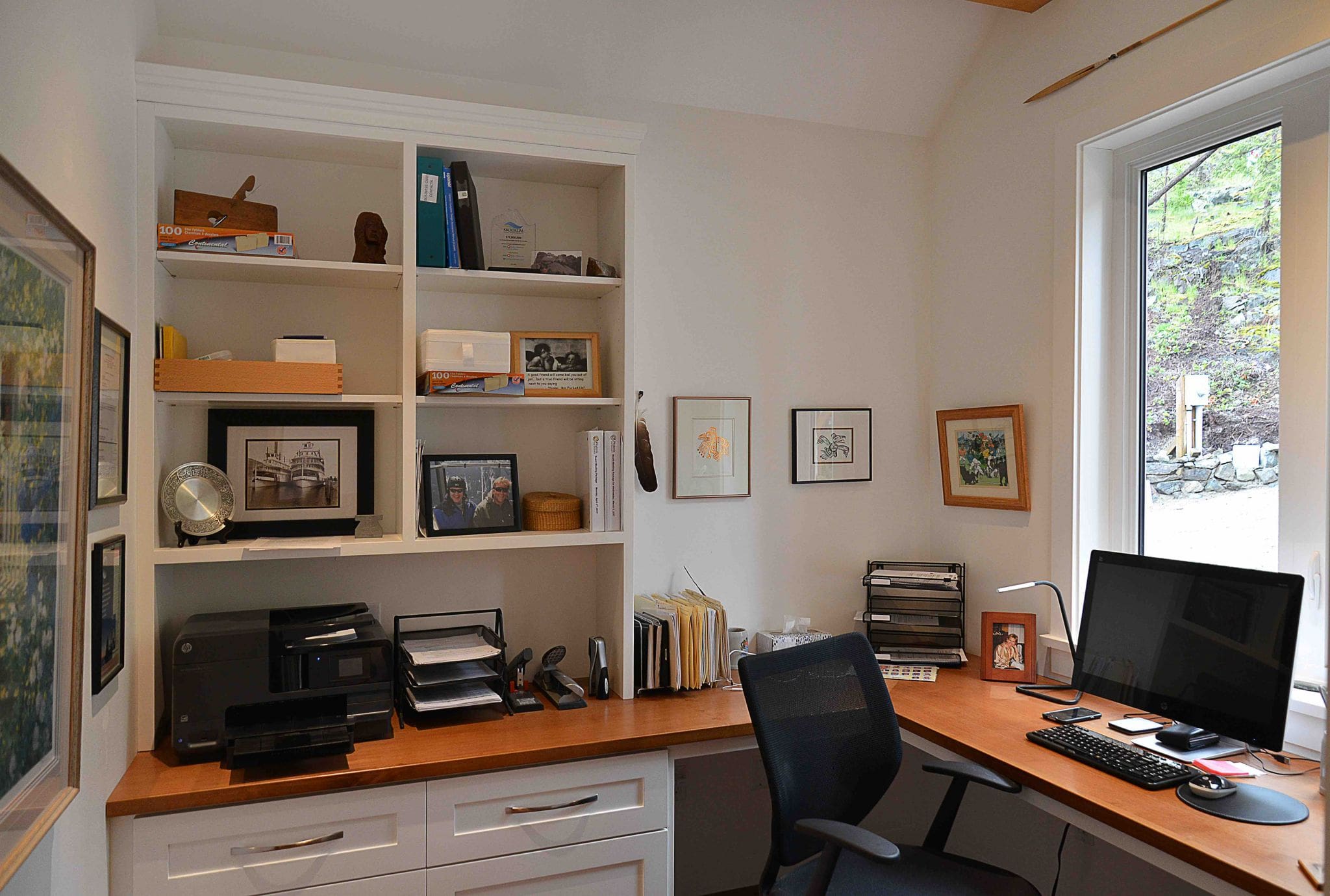 Home office with custom wood desk