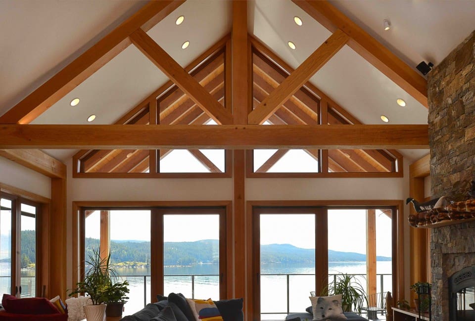 Exposed beams inside a timber frame home