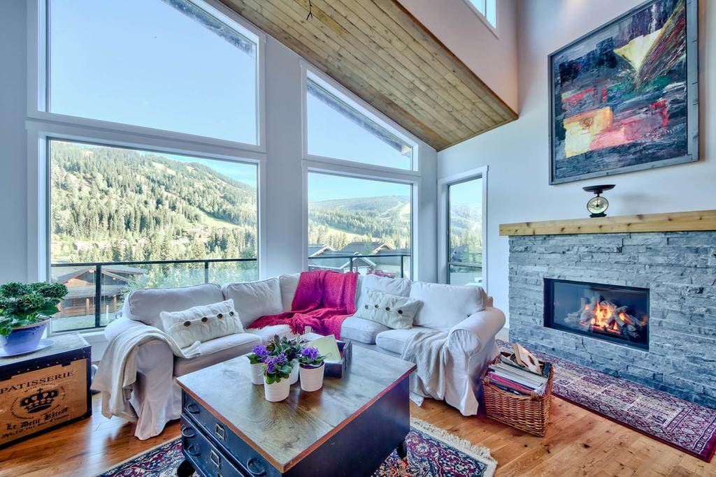 Modern living room looking over a view of the hills