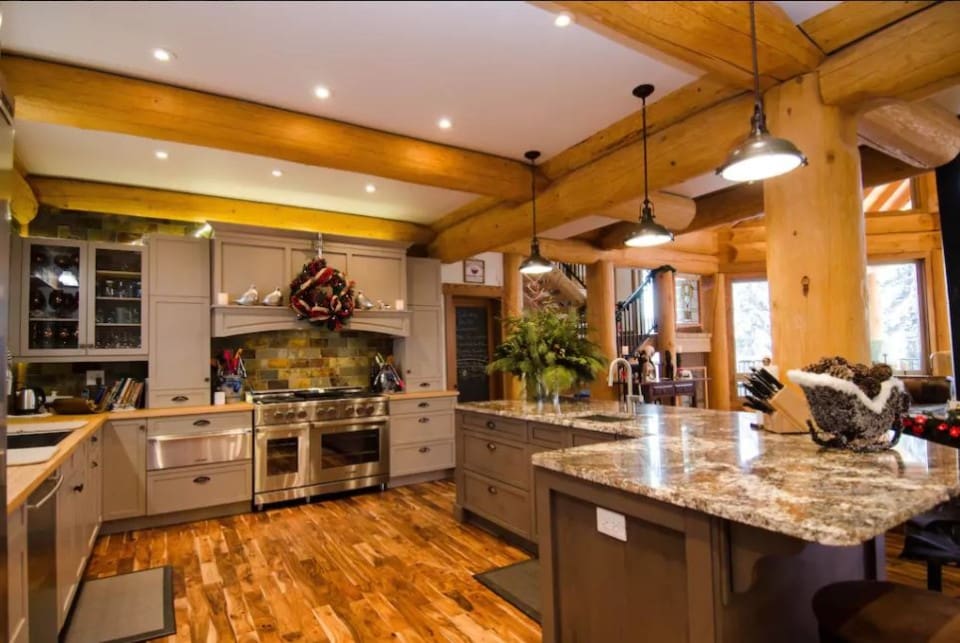Modern kitchen in a post and beam log home