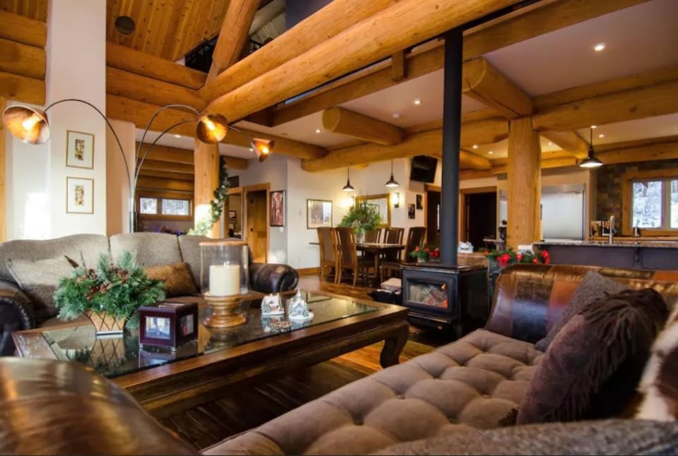 Cozy living room in a post and beam log home
