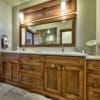 Close-up of master bathroom countertop in timber frame log home