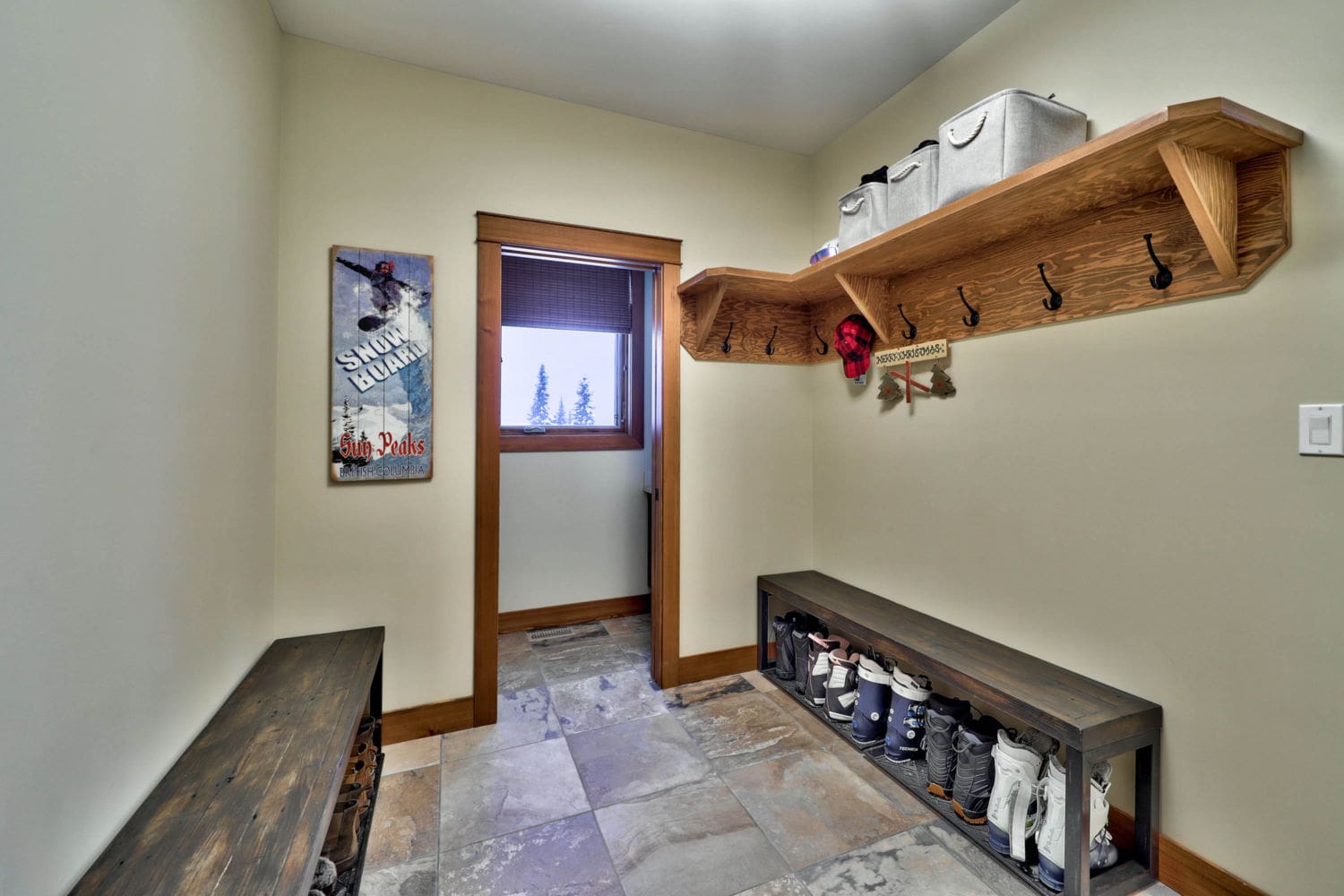 Mudroom in a timber frame log home